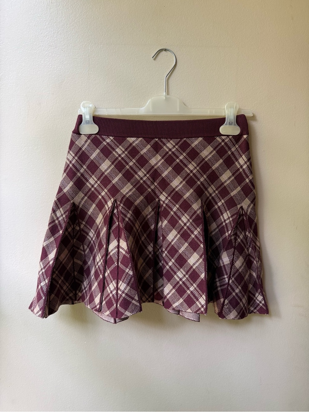 Plaid Pleated Mini Skirt in Burgundy and Cream